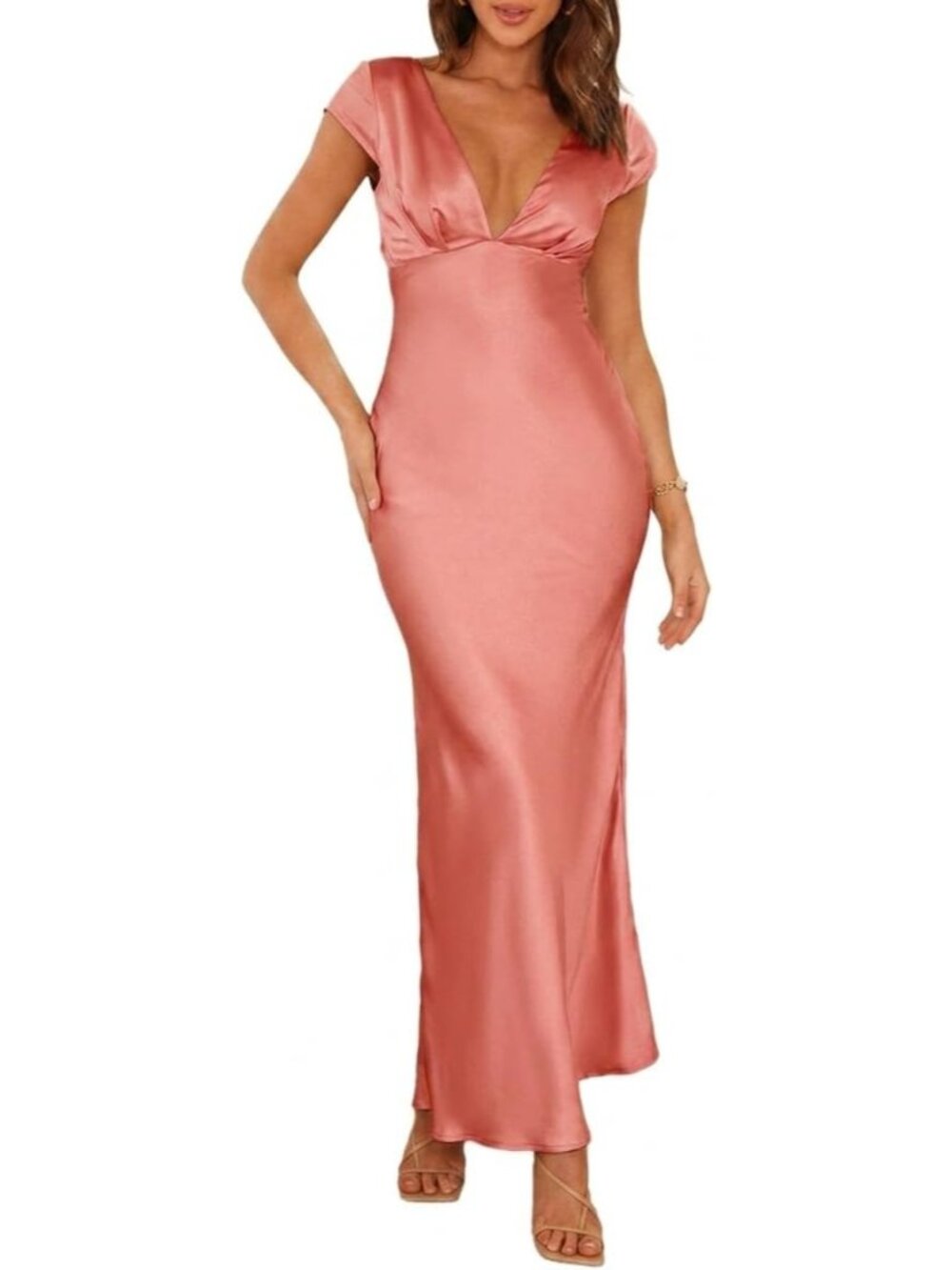 Women's Rose Summer Satin V Neck Cap Sleeve Backless Wedding Guest Midi Dresses